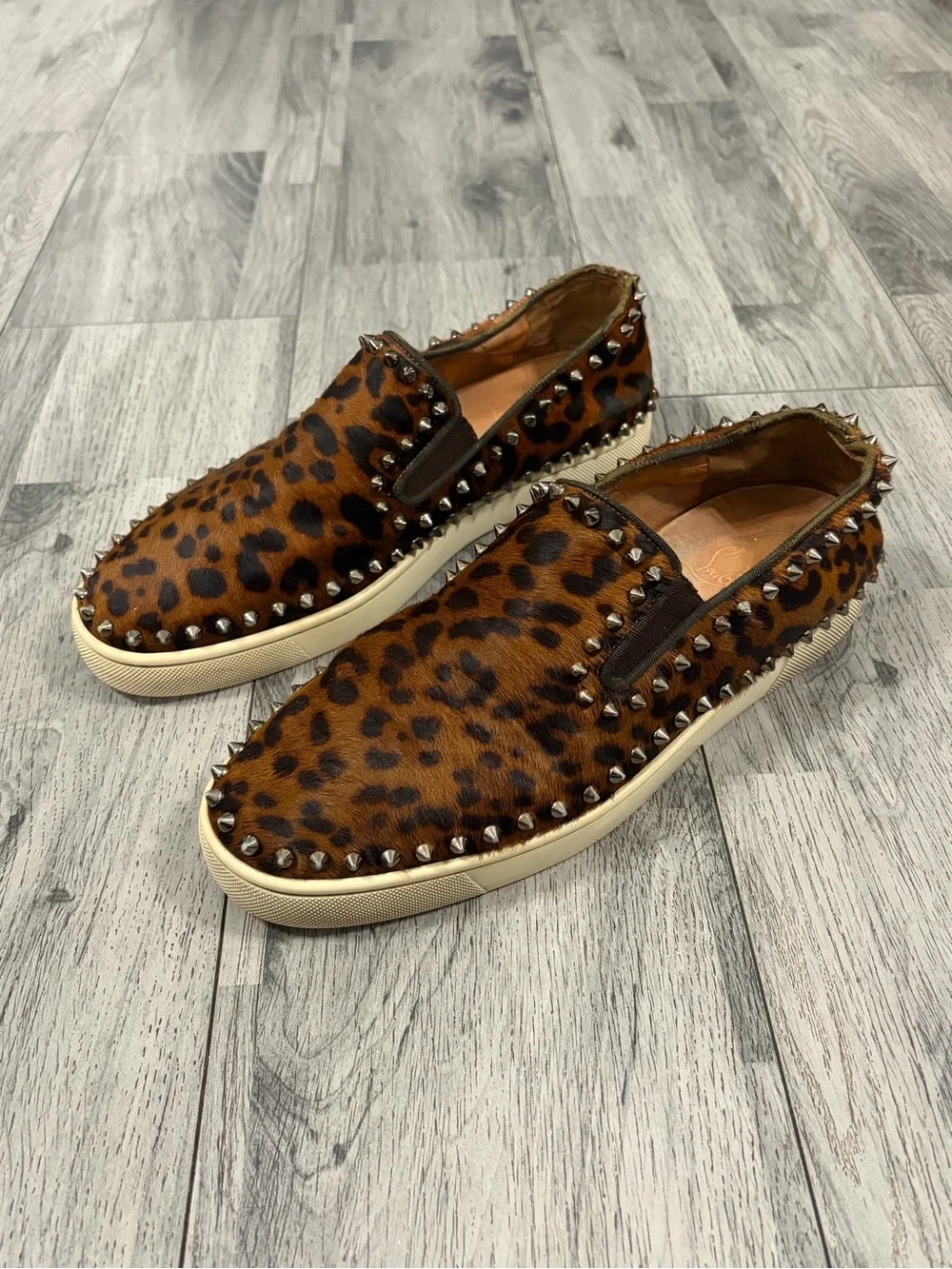 Christian Louboutin Pik Boat Brown Leopard Slip-On Studded Loafers Calf Hair